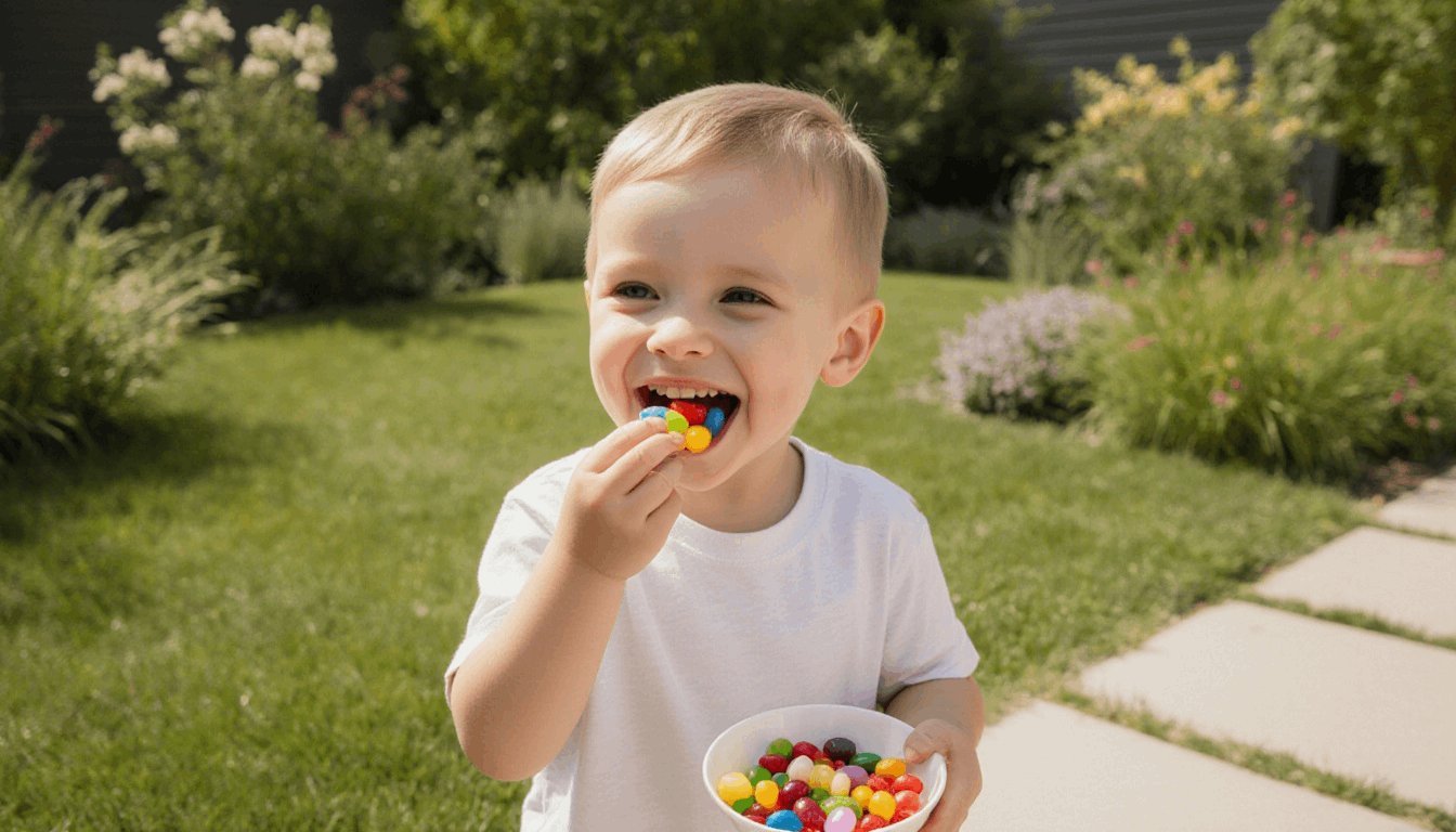 Niño feliz comiendo gominolas y caramelos